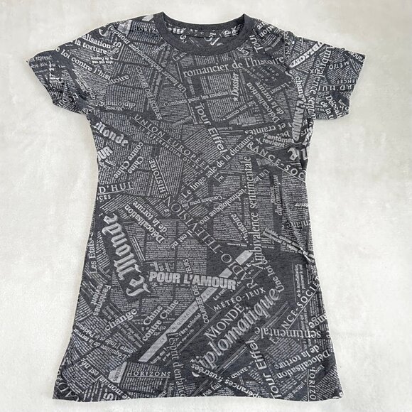 grey y2k style graphic all over print newspaper baby tee shirt top • size s • no - Picture 1 of 6